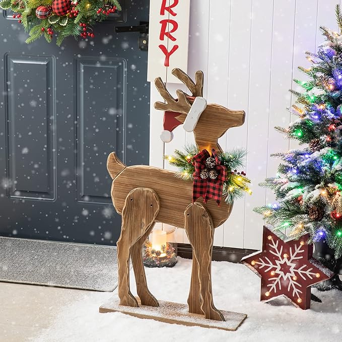 Glitzhome 36" H Lighted Wooden Christmas Chunky Reindeer Porch Sign Standing Deer Porch Decor Rustic Merry Christmas Welcome Sign Holiday Party Outdoor Indoor Xmas Decorations