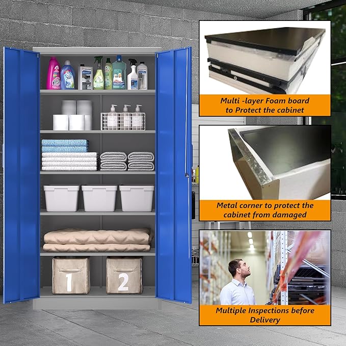 STANI Metal Garage Storage Cabinet with Lock, 71" Steel Lockable File Cabinet, Locking Steel Storage Cabinet with 5 Adjustable Shelves for Home, Office, Garage, Warehouse (Blue Grey, 2 Door - 71" H)