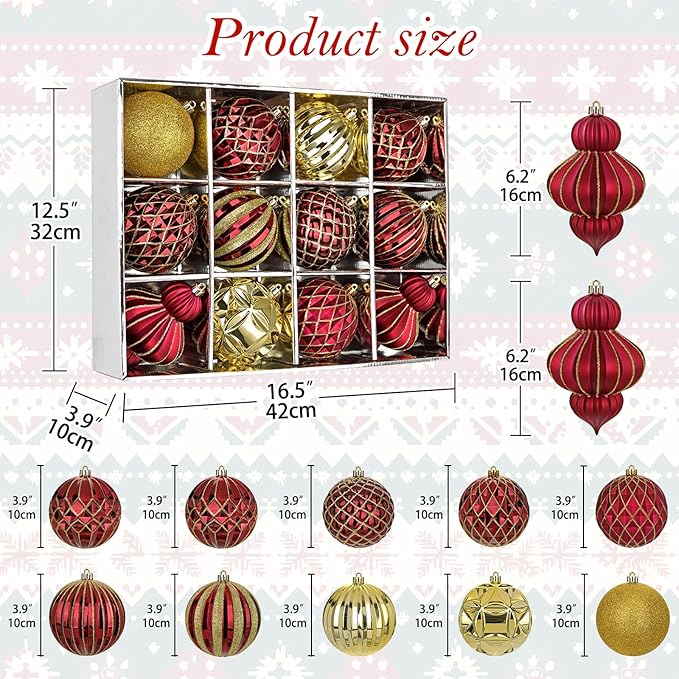 4" Christmas Ball Ornaments Set 12PCS Large Shatterproof Plastic Ornaments Christmas Tree Ball Hanging Ornaments for Xmas Tree Wedding Party Holiday Decorations - Dark Red, Gold