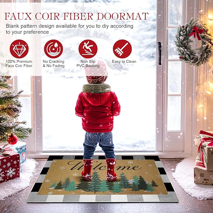 2 Pcs Christmas Welcome Doormats 30 x 17 Inch Christmas Pine Coir Door Mats for Front Doors Nonslip 2-in-1 Seasonal Buffalo Plaid Rug for Holiday Outside Entrance Porch Home Decor