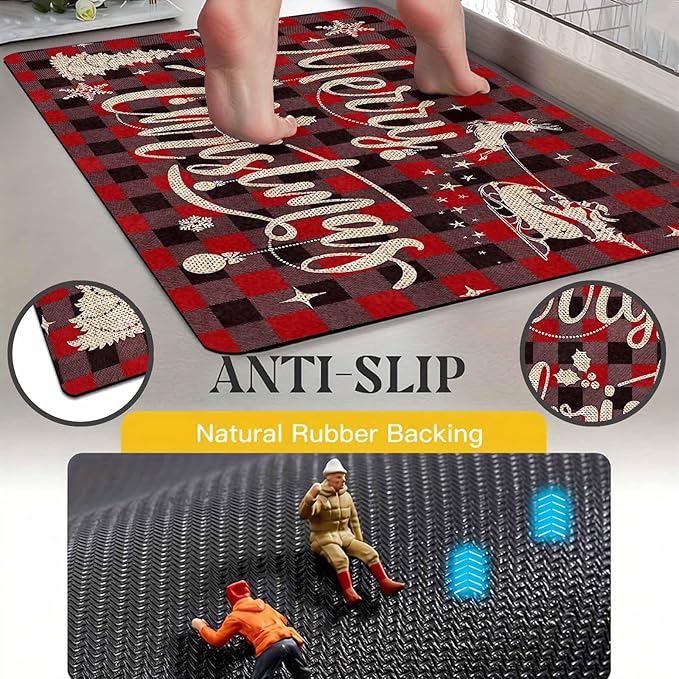 Christmas Front Door Mat Xmas Buffalo Plaid Welcome Doormat Reindeer Santa Claus Floor Mats Outdoor Indoor Area Rug Entry Doormat for Bedroom Living Room Kitchen Nursery, 18" x 30"Inch