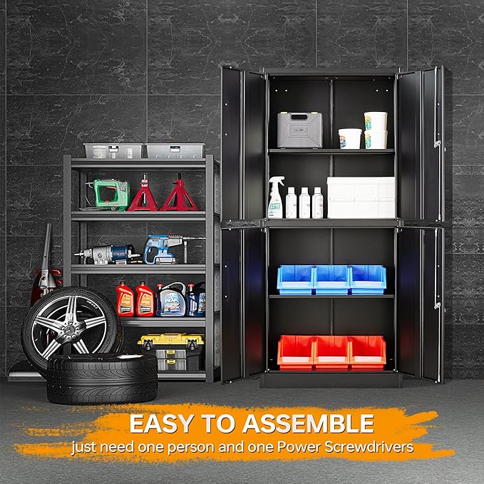 STANI Metal Storage Cabinet, Locking Steel Cabinet with 4 Doors and 2 Adjustable Shelves, 71" Tall Steel Cabinet for Home Office, Garage, School (Black)