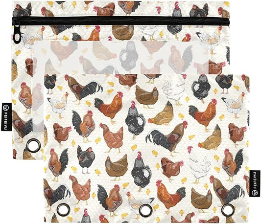 ALAZA Pencil Pouch for 3 Ring Binder, Hens Roosters and Chickens Binder Pencil Pouches with Clear Window Zipper Pencil Case Cosmetic Bags for Office College Supplies, 2PCS
