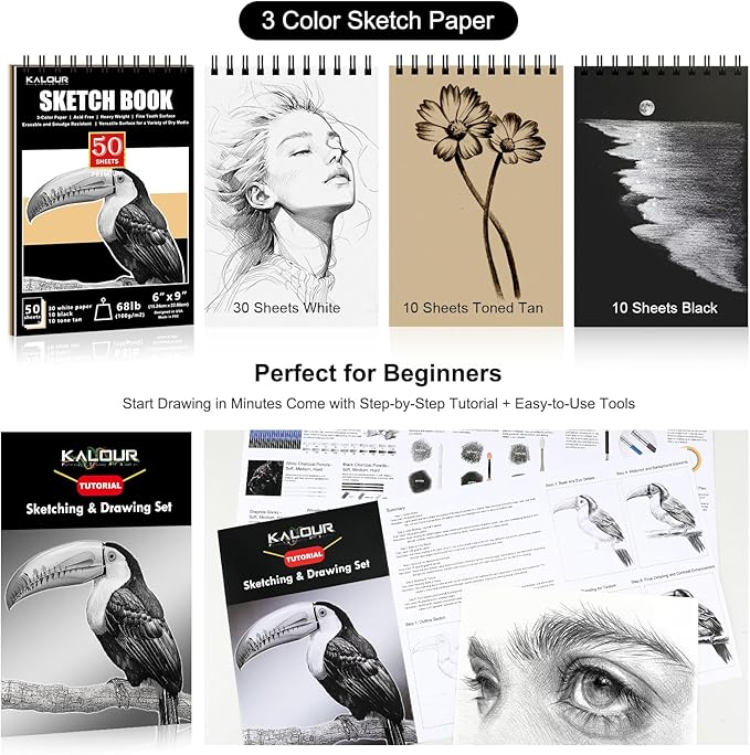 112 Drawing Set Sketch Kit, Pro Art Supplies with 3-Color Sketchbook, Graphite, Charcoal Pencils, Art Drawing Kit for Artists Adults Teens Beginners, Ideal for Shading & Blending