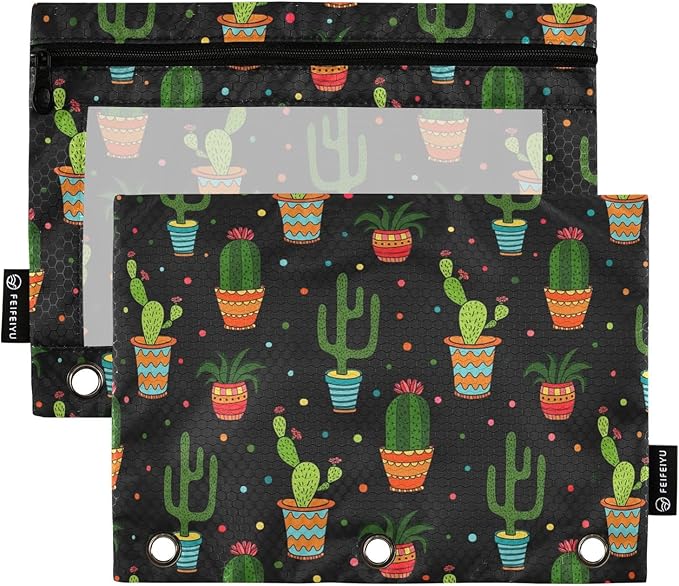 ZAZYXTJ Cactus Binder Pencil Pouchs 3 Ring with Zipper Clear Window Office Organizers bag for School Students Teacher Supplies 2 Pack