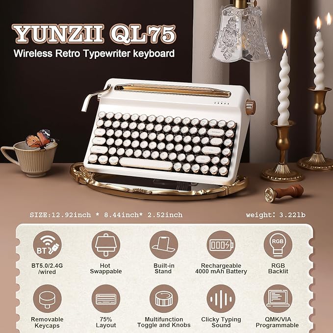 YUNZII QL75 Wireless Typewriter Hot Swap Retro Mechanical Keyboard,Punk Round Keycaps,RGB Backlit QMK/VIA Programmable, Multi-Device Keyboard with 2.4GHz/Type-C/BT5.0 (White, Cocoa Cream V2 Switch)