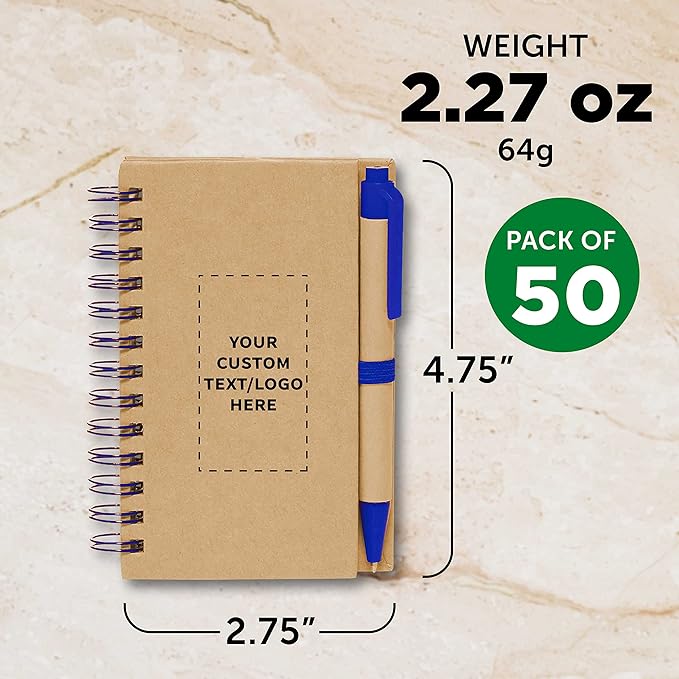 Custom Mini Spiral Notebooks with Black Ink Pens Set of 50, Personalized Bulk Pack - Perfect for School, Office, Business, Home - Blue