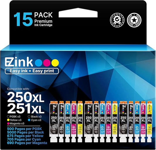E-Z Ink Compatible Ink Cartridges Replacement for Canon 250 251 XL PGI-250XL CLI-251XL to use with PIXMA MX922 MX920 IX6820 MG5520 MG7520 IP8720 MG6620 MG6320 MG7120 (15 Pack)