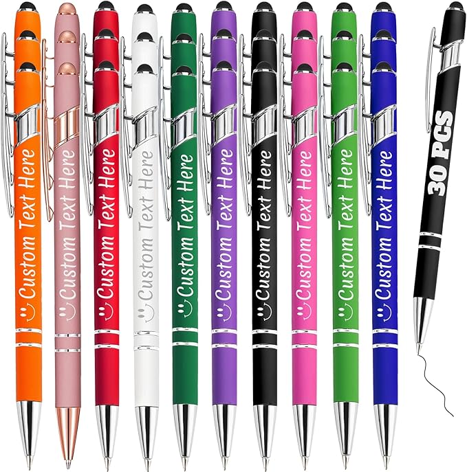 Personalized Pens Bulk 30 with Name Custom Engraving Ballpoint Pens with Stylus Tip Customized Smooth Writing Pens Personalized Gifts for Anniversary Birthday or Graduation(Assorted,Black Ink)