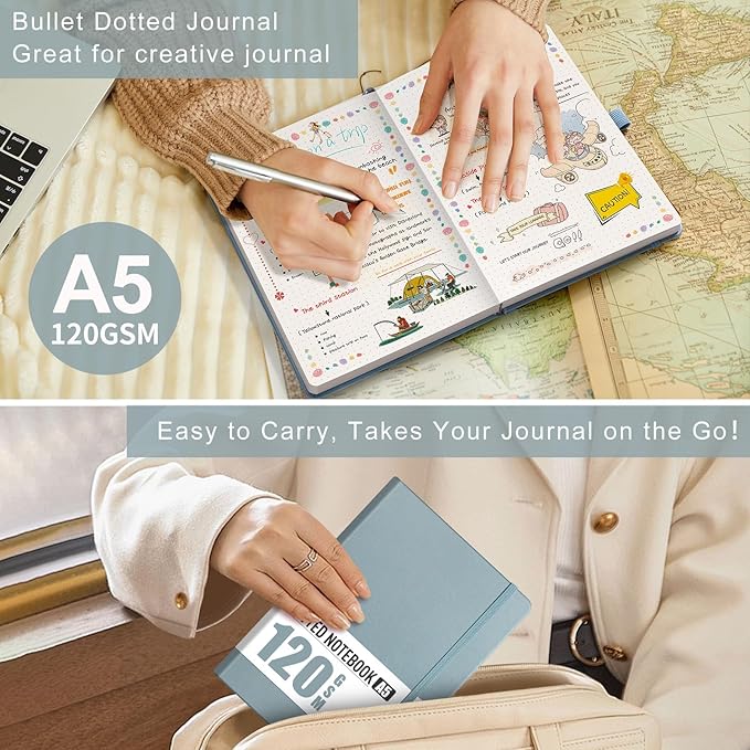 AHGXG Bullet Dotted Journal - Dot Grid Notebook Journal, 120 GSM Thick Acid-Free Paper, A5 Dotted Notebook 160 Pages, Leather Hardcover, Inner Pocket, Journal Stencil, 5.7'' × 8.3'' - Gray Blue