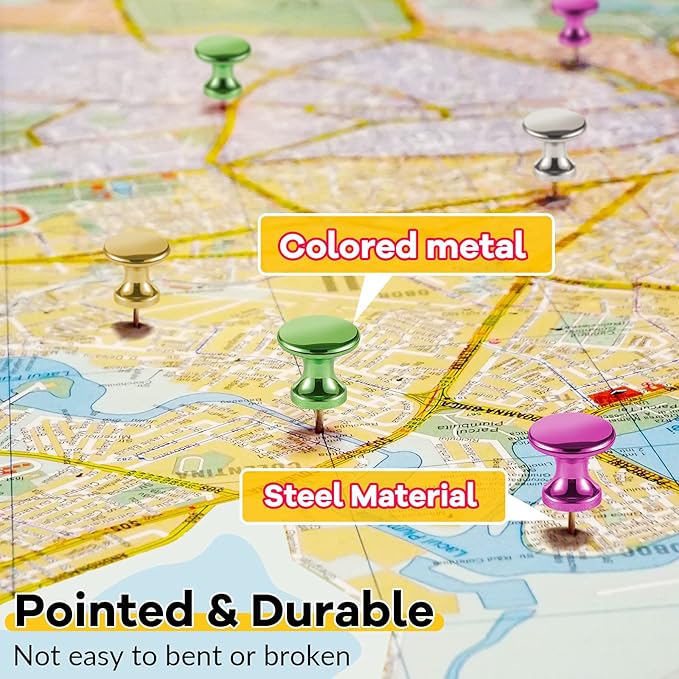 Outus 100 Pcs Giant Push Pins Large Thumb Tacks Plastic Heads 1 Inch Jumbo Push Pins for Cork Board Map Posters Office School(Purplish Red, Gold, Blue, Green, Silver)