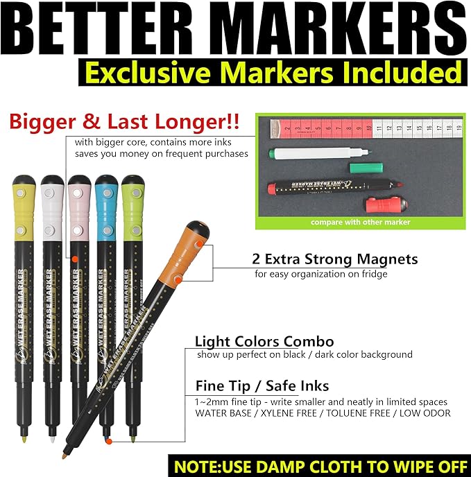 MAG-FANCY Magnetic Dry Erase Calendar for Refrigerator Weekly Chore Chart Schedule Planning Board 6 Fine Tip Wet EraseMarkers & Mounts for Wall Hanging Black