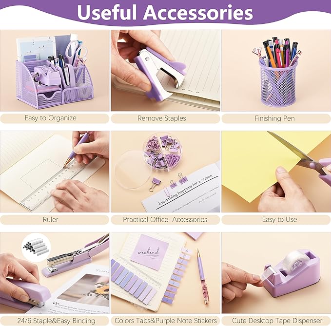 15 Pcs Purple Office Supplies Set Mesh Desk Organizer Accessories Kit Include Stapler Tape Dispenser Staple Remover Clips Ruler Scissors Sticky Notes for Office School Home Women (Purple)