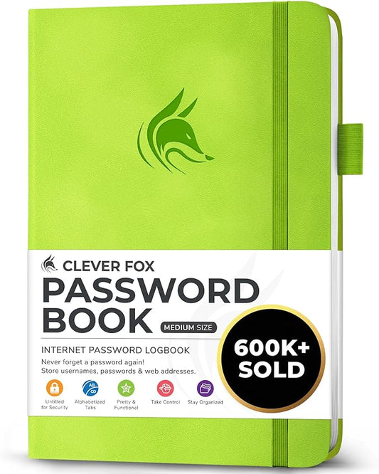 Clever Fox Password Book with alphabetical tabs. Internet Address Organizer Logbook. Medium Password Keeper for Website Logins (Green)