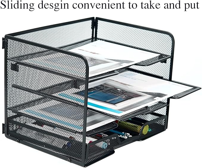 SETTFRFE 4 Tier Mesh Paper Letter Tray,Desk File Organizer with A Sliding Drawer,Office Supplies Desk Organizer for Home Office,Black.