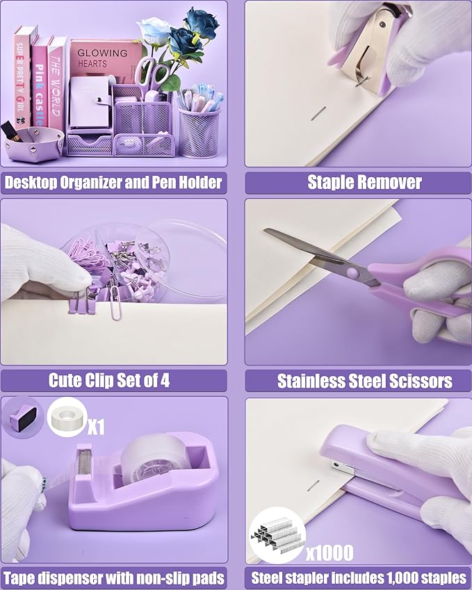 Purple Desk Accessories, 26Pcs Office Supplies and Desk Organizers, with Tape Dispenser, Stapler, Staple Remover Ect, Christmas Gifts