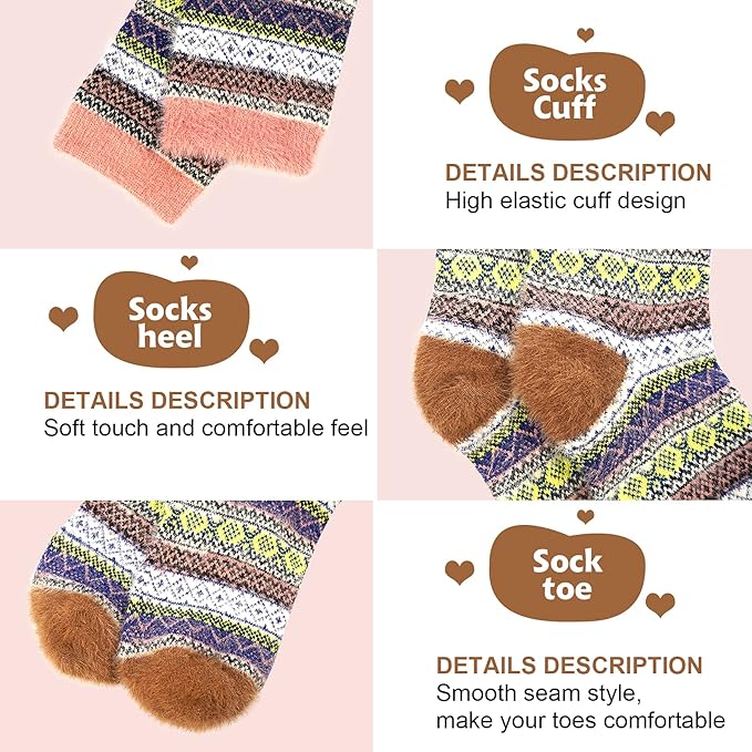 ICEIVY 5 Pair Fuzzy Cozy Socks for Women - Warm Comfy Soft Casual Home Sleep Winter Wool Socks - Gifts for Women