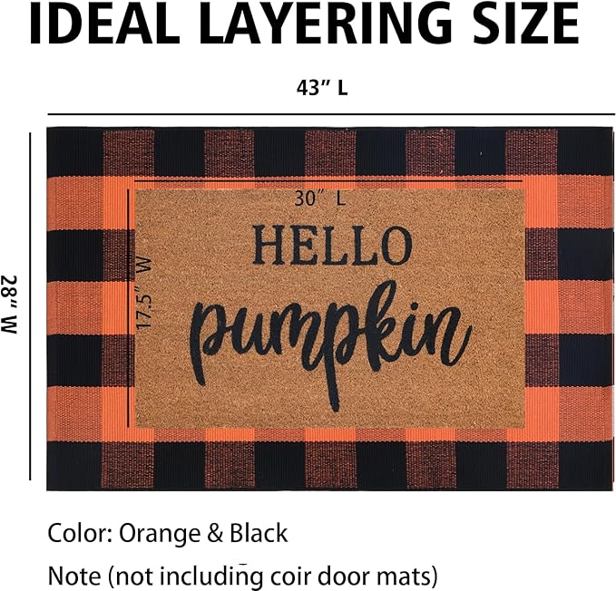 Orange and Black Plaid Rug, 28'' x 43'' Fall Outdoor Front Door Decor Mat, Cotton Washable Hand-Woven Rug for Layered Doormat, Autumn Halloween Thanksgiving Carpet for Porch, Entryway