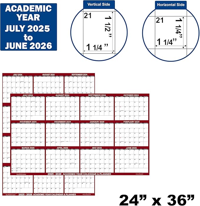 24" x 36" SwiftGlimpse 2025-2026 Academic Wall Calendar, Erasable, Large, Wet & Dry Erase Laminated, Reversible, Yearly Planner, JULY 2025 to JUNE 2026 ONLY, Maroon