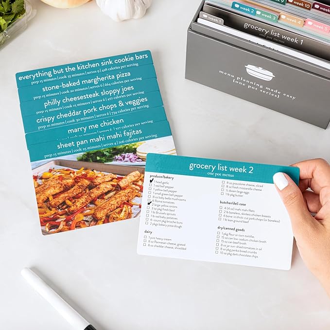One Pot Meal Planner with 72 Recipe Cards (Photo Edition) - Weekly Menu Plans | Sturdy Recipe Box | 12 Reusable Grocery Shopping Lists | 5 Blank Recipe Cards | Recipe Card Protector | Recipe Ideas