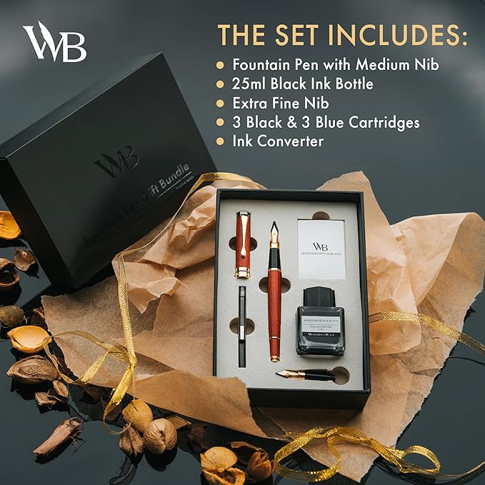 Wordsworth & Black Fountain Pen Set, Luxury Bamboo Wood - Medium Nib, Extra Fine Nib, Gift Case; 25ML Black Ink Bottle, 6 Ink Cartridges, Refill Converter - Calligraphy, Writing [Rosewood]