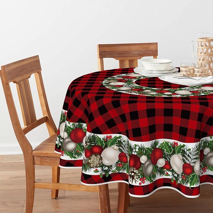 Horaldaily Christmas Tablecloth 90×90 Inch Round, Christmas Ball Ornaments Red Bufalo Plaid Washable Table Cover for Party Picnic Dinner Decor