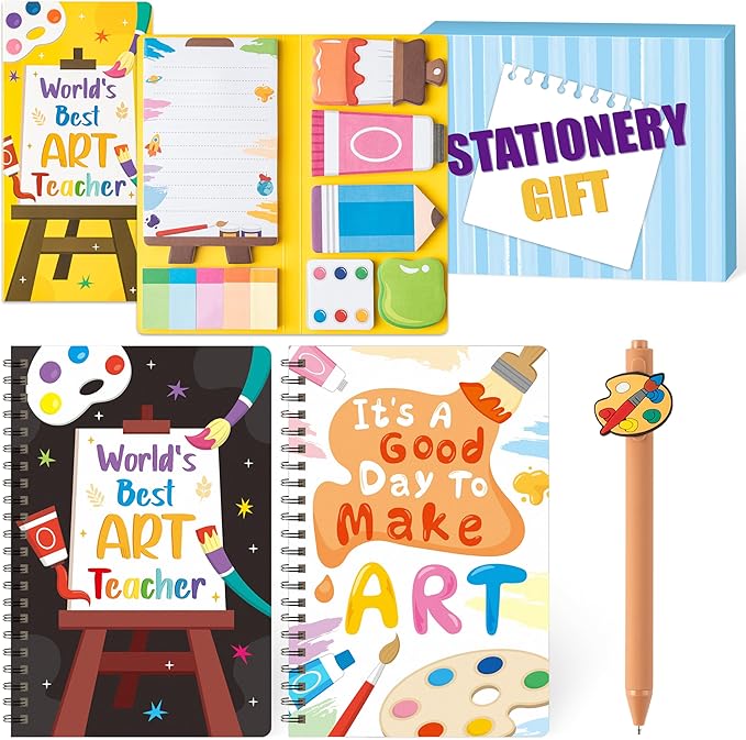 B1ykin Stationery Gift Set - 3Pcs Notebook Sticky Notes, A5 Spiral Notebooks & 550 Sheets Cute Sticky Notes with Pens Kit for Office School Teacher Thanksgiving Supplies (Art Teacher)
