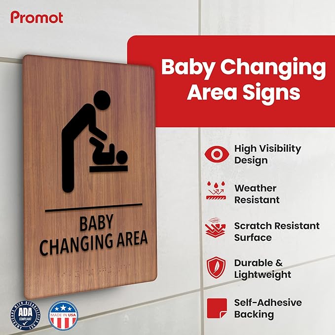 Promot Baby Changing Area Restroom Sign – ADA Braille Bathroom Sign for Business, Self-Adhesive, 9" x 6", Commercial Door Signage, Office Wall Decor - Chestnut