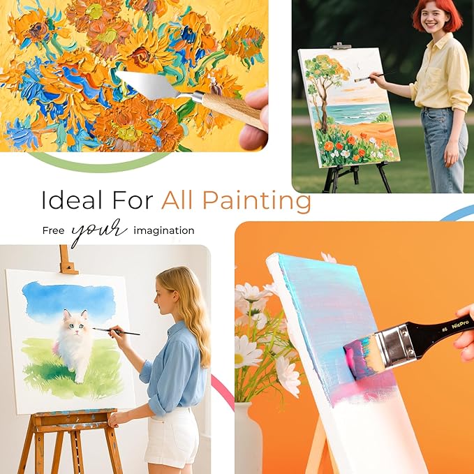 Nicpro 30pcs Paint Brush Set, Professional Paintbrushes with Paint Spatula and Cloth Roll, Craft Paint Brushes for Acrylic Painting, Oil, Watercolor, Gouache, Art Supplies for Artists and Beginners