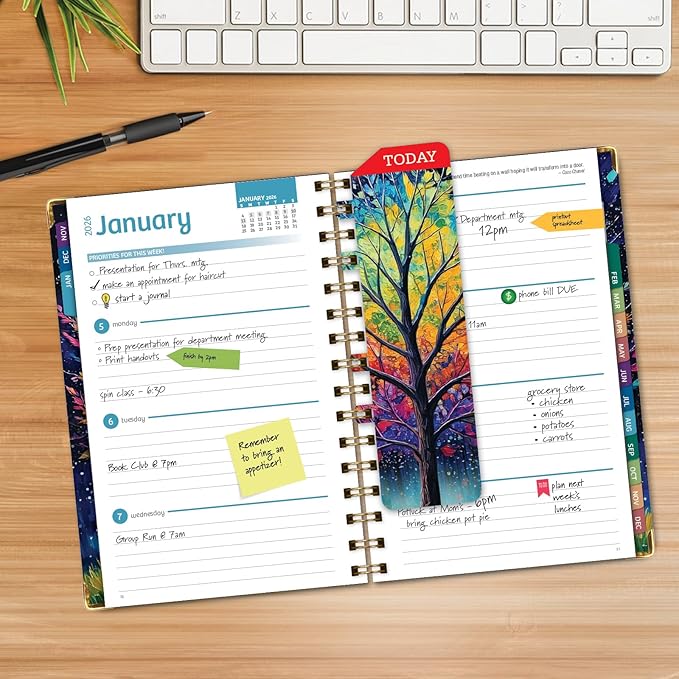 HARDCOVER 2026 Planner, 5.5"x8": 14 Months (November 2025 - December 2026), Daily Weekly Monthly Planner, Yearly Agenda, Bookmark, Pocket Folder and Sticky Note Set (Black Tree Seasons)