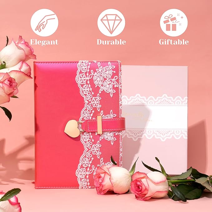 Lace Diary with Lock& Gift Box for Women and Girls 224 Pages Cute Journal with Lock and Key A5 Leather Password Locked Journals for Writing Note Taking, Rosy (Pink)
