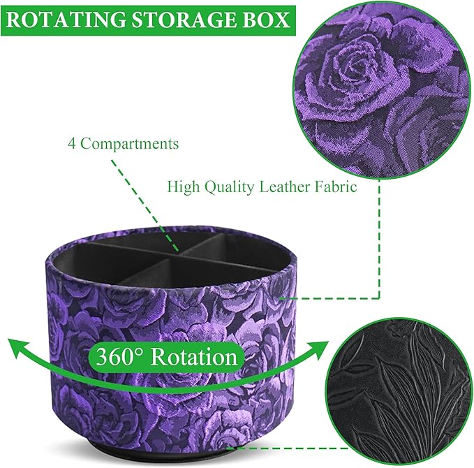 QIELIZI Round Leather Art Supply Organizer,Remote Control Holder,360 Degree Rotating,Multi-Functional Pencil Holder,4 Compartments Desktop Stationary Organizer(1-3D Rose Purple)