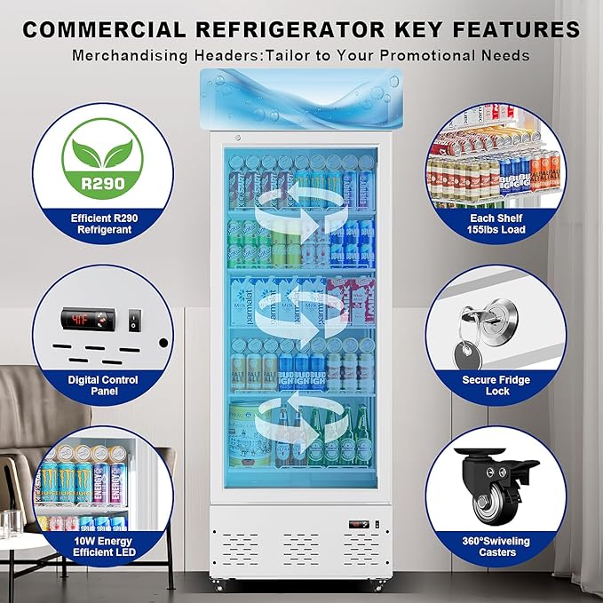 15 Cu.ft. Commercial Beverage Fridge Merchandiser Refrigerator Glass Door Upright Display Cooler with LED Light and Adjustable Shelves for Restaurant Grocery Stores Home, White