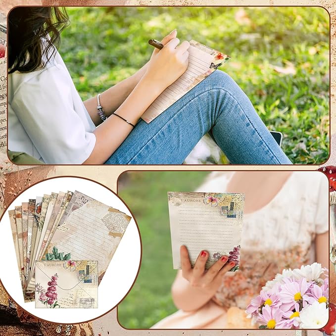 TaoBary 160 Pcs Stationery Paper Set 50 Double Sided Stationery Papers with 50 Matching Envelopes and 60 Round Dot Sticker, 10 Design(Nature Vintage Style,5.5 x 8.25 Inch)