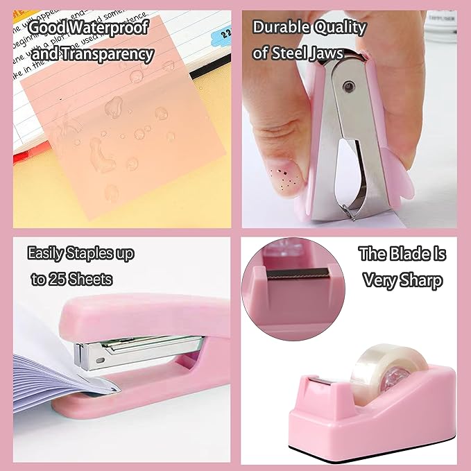 Pink Office Supplies Set, Stapler and Tape Dispenser for Women - Office Desk Accessories Gift for Women, Boss Lady, Coworkers