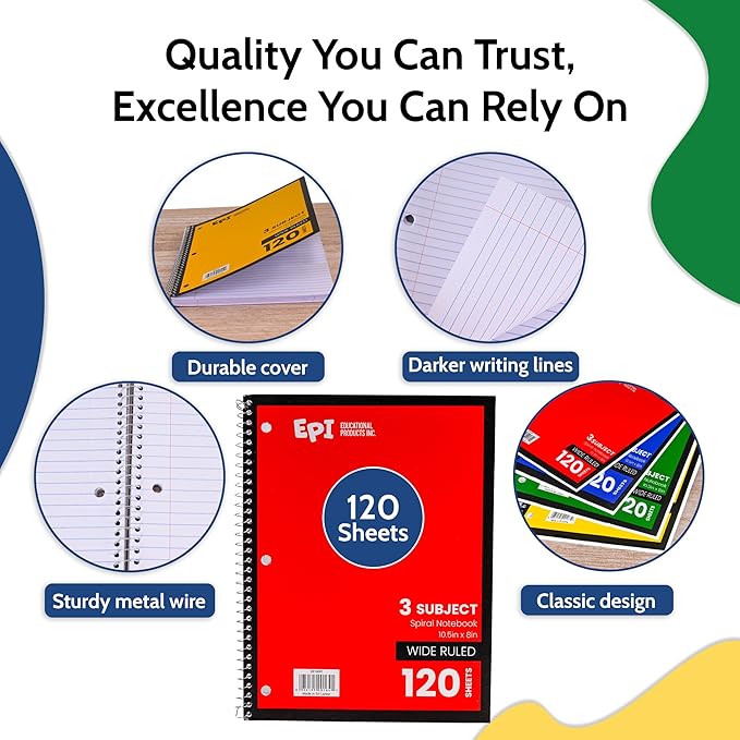 EPI Spiral Notebook | 3 Subject - Wide Ruled - 120 Sheets, Durable Spiral Binding | 10.5 x 8 in | Classroom Supplies | School, Office, Note Taking, Journaling - 12 Pack