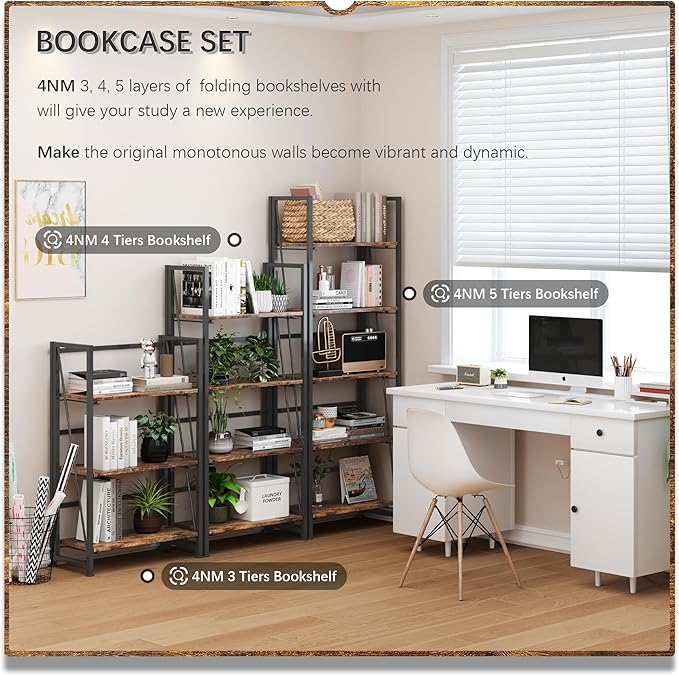 4NM No Assembly Folding Bookshelf, 5-Shelf 62.2" H Collapsible Foldable Bookcase Storage for Small Spaces, Rustic Brown and Black