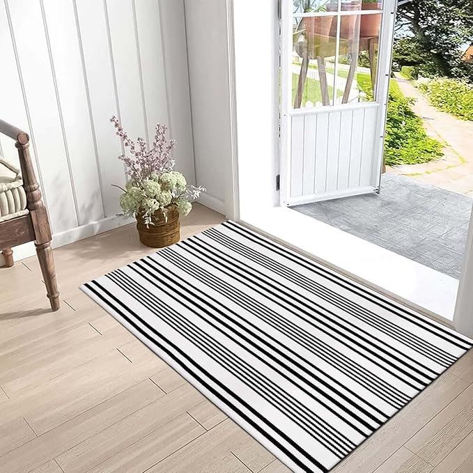 OJIA Black and White Outdoor Rug 2'x4.3', Christmas Door Mats Outdoor Cotton Woven Holiday Doormat Front Porch Rug Machine Washable Indoor Door Mat Entryway Striped Rugs for Farmhouse/Kitchen