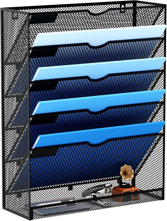 Hanging Wall File Organizer 6 Tier Wall Mounted Mail Paper Folder Holder Document Organization Stand, Vertical Desk Magazine Rack for Office Home Cubicle Countertop, Black