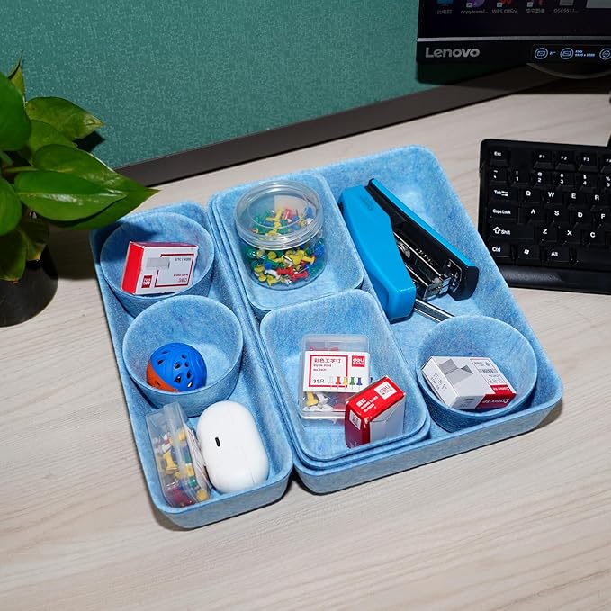 Felt Desk Drawer Organizer Tray,8 Pack Office Desk Drawer Dividers,Felt Drawer Small Round Storage Box For Saving Space,Makeup Drawer Organizer Bins.(Blue)