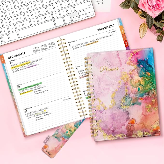 SUNEE 2026 Weekly and Monthly Planner - from January 2025 - December 2025, 6.4" x 8.3" Daily Agenda Planner with Monthly Tab, Flexible Cover, Note Pages, Pockets, Bookmark, Spiral Binding, Marble