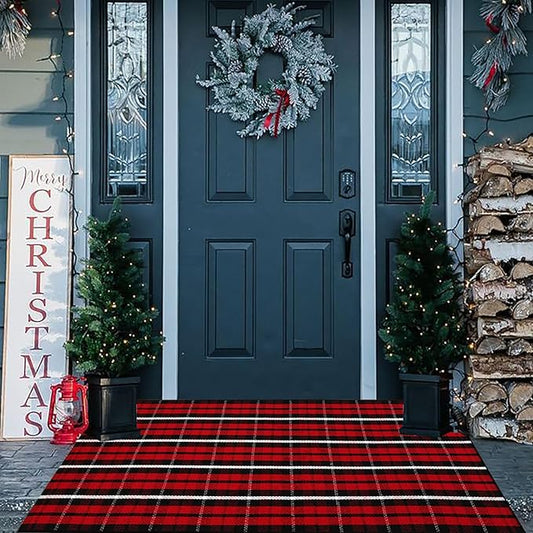 CAINANEL Buffalo Plaid Outdoor Rug Christmas Door Mat Christmas Decor Welcome Rug Cotton Hand-Woven Layered Door Mats for Front Porch, Kitchen, Farmhouse, Entryway (35.4''x59'', Red/Black/White)