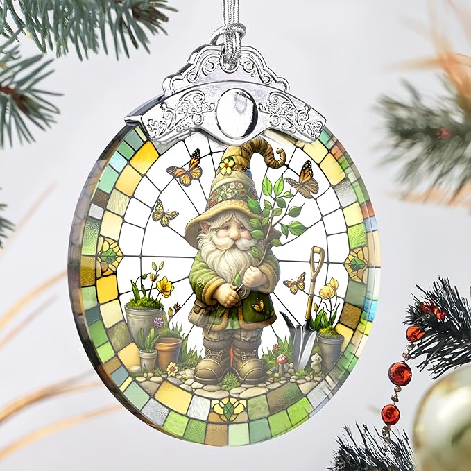 Charming Gnome Stained Glass Ornament - Christmas Tree Decor, Gnome Ornaments for Christmas