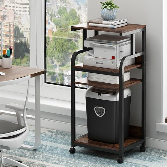 4-Tier Printer Stand with Adjustable Storage Shelf, Large Tall Printer Table with Wheels for Home Office Small Spaces Organization, Rustic Brown