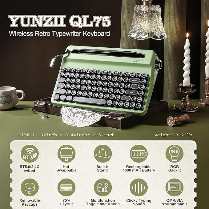 YUNZII QL75 Wireless Typewriter Hot Swap Retro Mechanical Keyboard,Punk Round Keycaps,RGB Backlit QMK/VIA Programmable,Multi-Device Keyboard with 2.4GHz/Type-C/BT5.0 (Green, Onyx Switch)