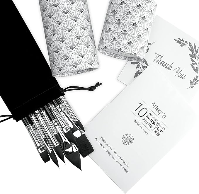 ARTEGRIA Watercolor Brush Set, 10 Professional Soft Synthetic Squirrel Paint Brushes, Including Pointed Rounds, Flats, Dagger, Oval Wash