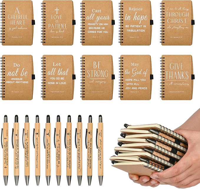 INSADA Christian Prayer Journal Spiral Notebooks Bulk with Pens - Small Notepads (4.13”x5.43”) - Christmas Gifts for Women men,Church Members & Bible Study Groups (60 sets Brown)