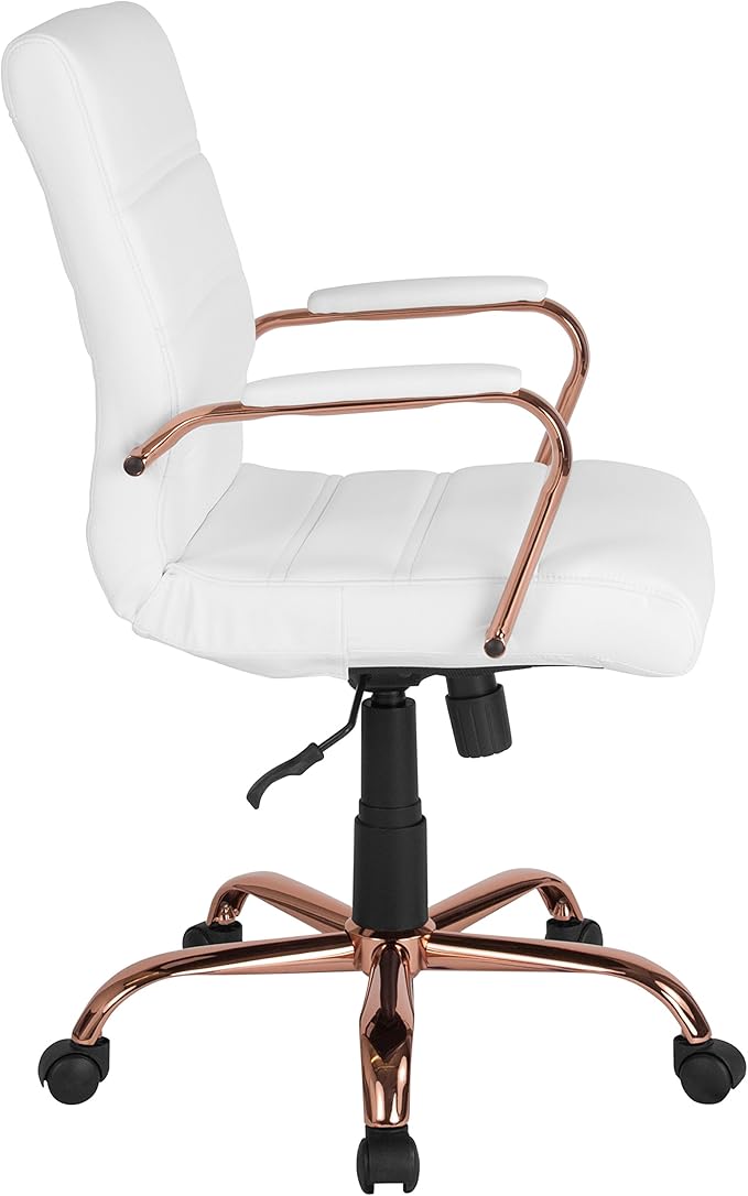 Flash Furniture Whitney Mid-Back Swivel LeatherSoft Desk Chair with Padded Seat and Armrests, Adjustable Height Padded LeatherSoft Office Chair, White/Rose Gold