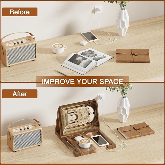 Wooden Triangle Book Stand Holder for Page Rest, Acacia Foldable Nook Reading Valet with Cup,Pen, Glasses and Phone Holder for Bedroom Nightstand Office,Book Lover Gifts for Readers (Acacia)