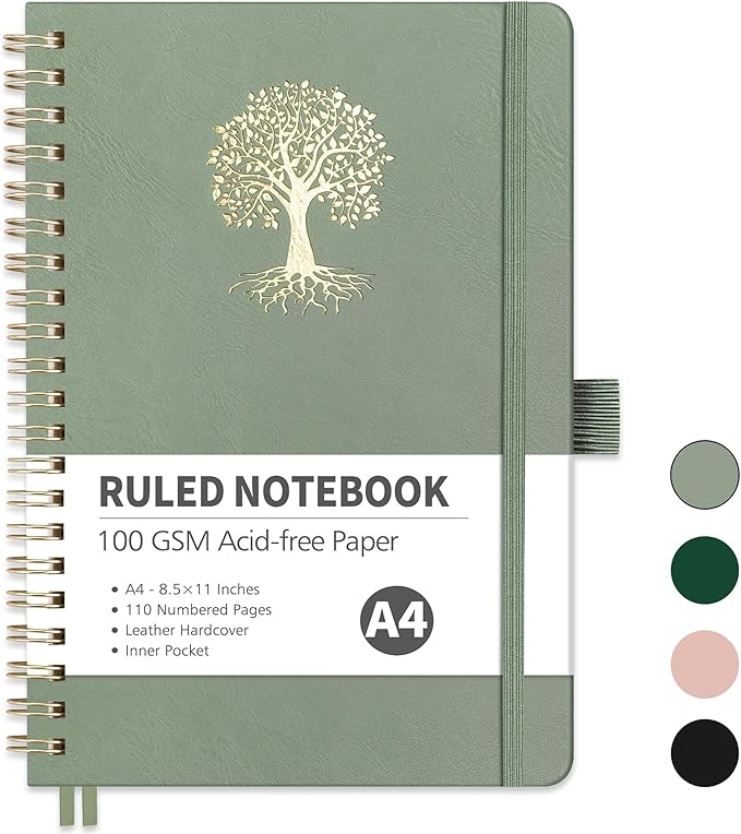 RETTACY Spiral Journal Notebook, 110 Numbered Pages, A4 Large Size (8.5'' x 11''), for Men & Women, Journaling, Writing, Work & Office, Leather Hardcover, 100 GSM Thick Paper (Light Green)
